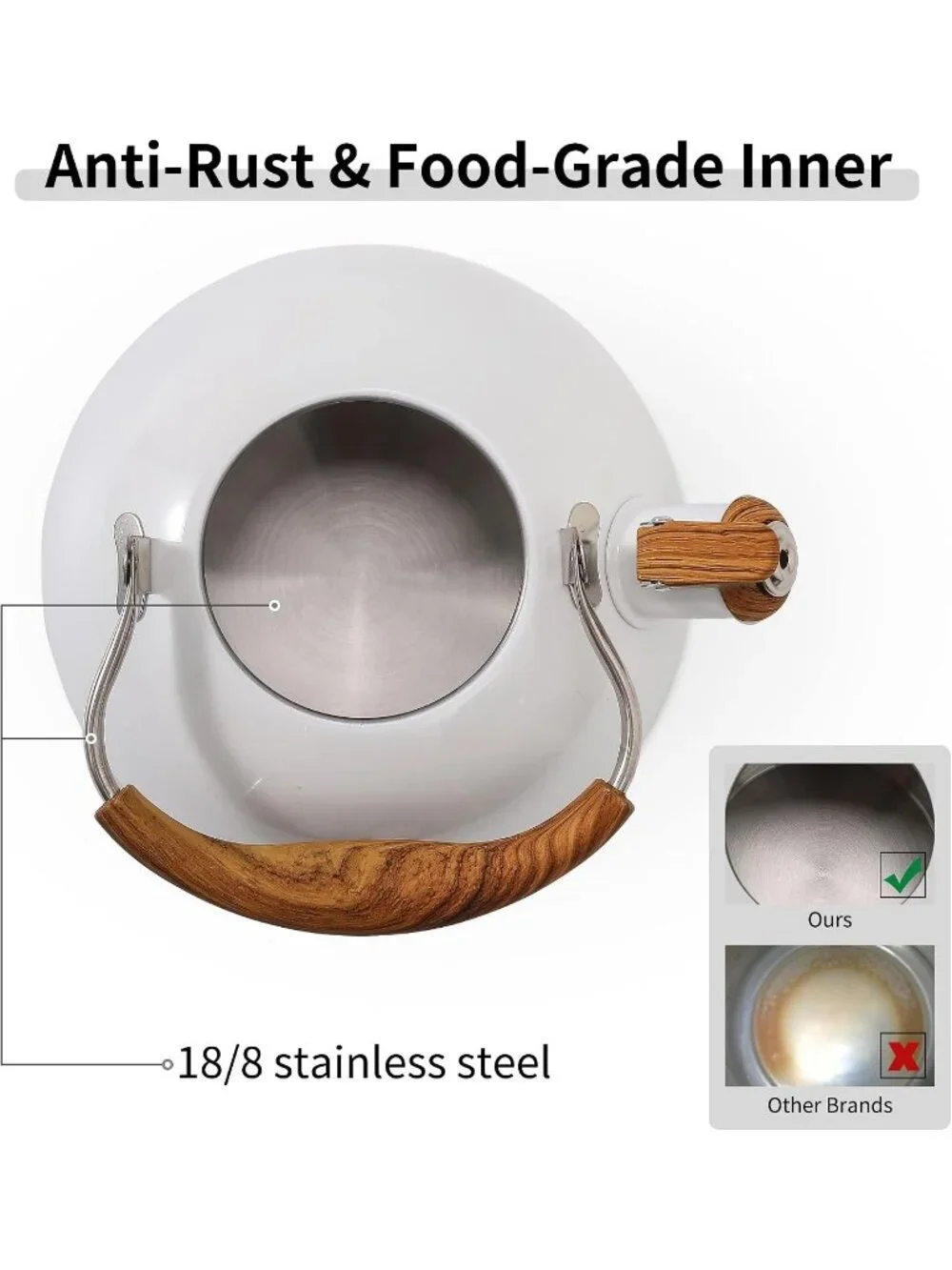 White Kitchen Whistling Tea Kettle 2.5 QT Stainless Steel Wood Folding Handle